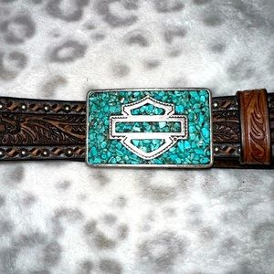 Genuine Harley Davidson Womens Turquoise Tooled Leather Belt Size Large